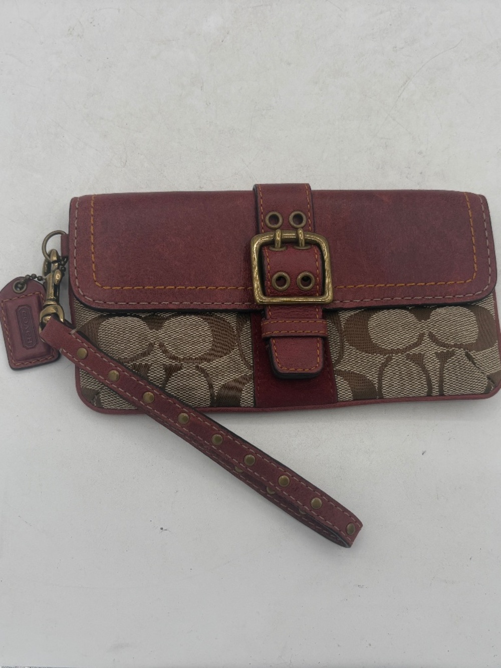 Y2K Coach Signature Wristlet Wallet Brown/Burgundy Buckle Wrist Strap w/Hang tag